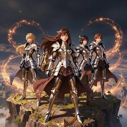 Digital artwork of four armored fantasy warriors with glowing circular energy, standing on a rocky cliff at sunset, wearing ornate silver and black armor.
