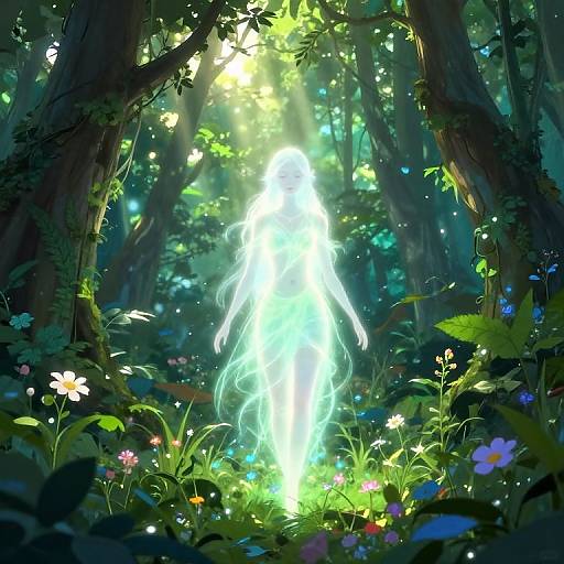 Digital artwork of a glowing, ethereal figure standing in a sunlit, enchanted forest filled with vibrant flowers and lush greenery.