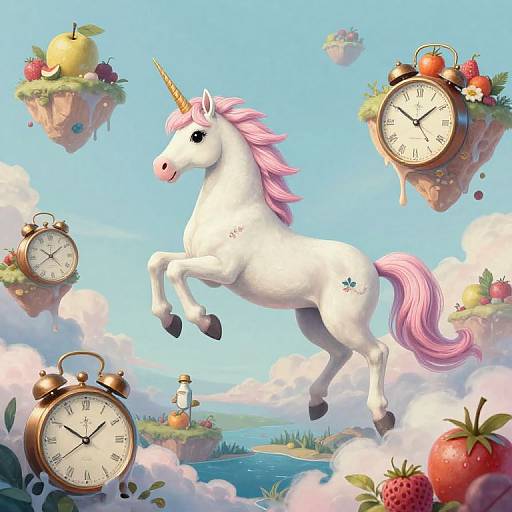 Fantastical digital artwork of a white unicorn with pink mane and tail, leaping among floating clocks and fruit-laden islands in a bright, whims