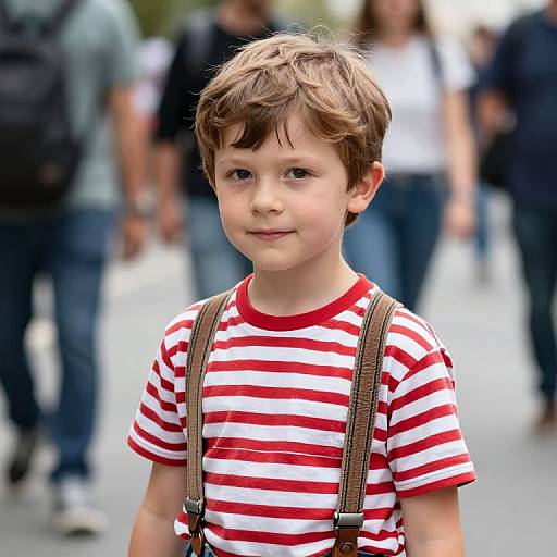 Photograph of a young boy with brown hair, wearing a red and white striped shirt, brown suspenders, and smiling, standing in a blurred,