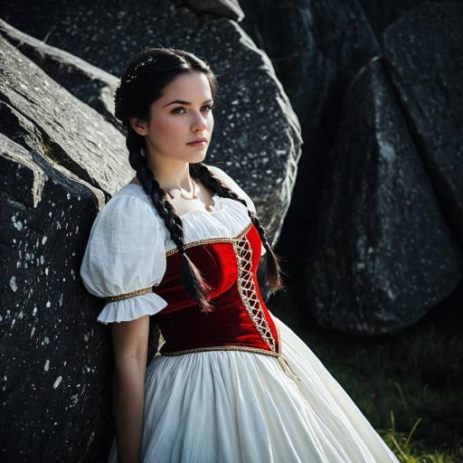 Woman in Alpine Traditional Dress by Rocks
