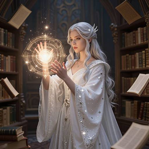 Digital artwork of a white-haired, ethereal woman in a star-embroidered robe, casting a glowing magic circle in a dimly lit,