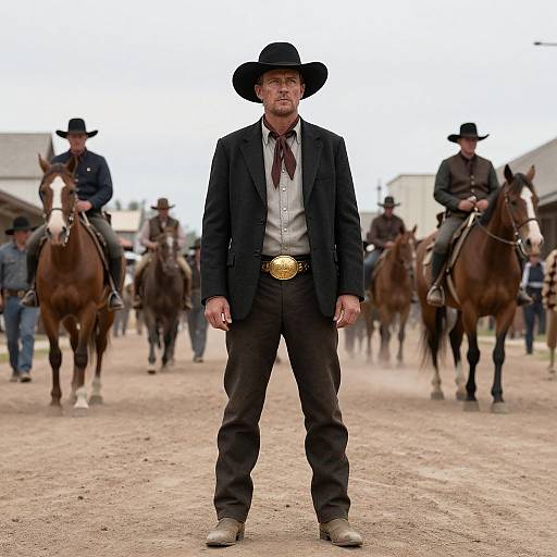 Photograph of a bearded man in a black cowboy suit and hat, standing confidently in front of a rodeo with multiple cowboys on horses in