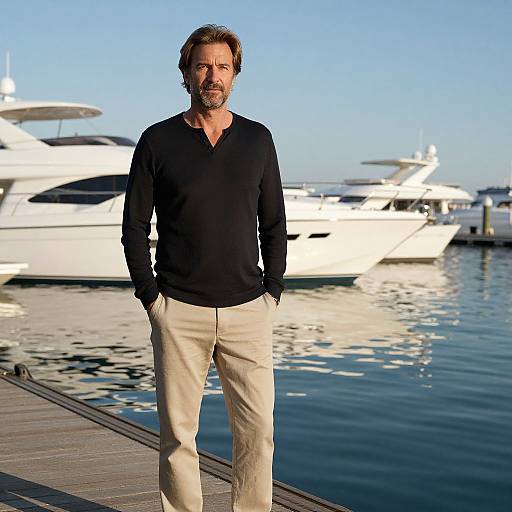 Photograph of a bearded middle-aged man with brown hair, wearing a black long-sleeve shirt and beige pants, standing on a dock with