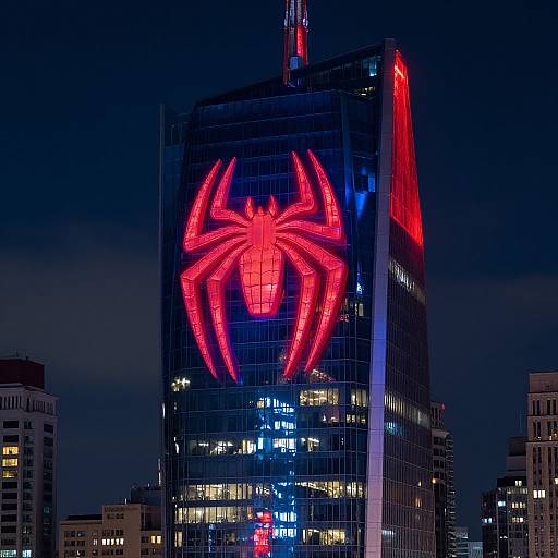 Nighttime photograph of a skyscraper with a large, glowing red spider illuminated on the glass facade, surrounded by city lights.