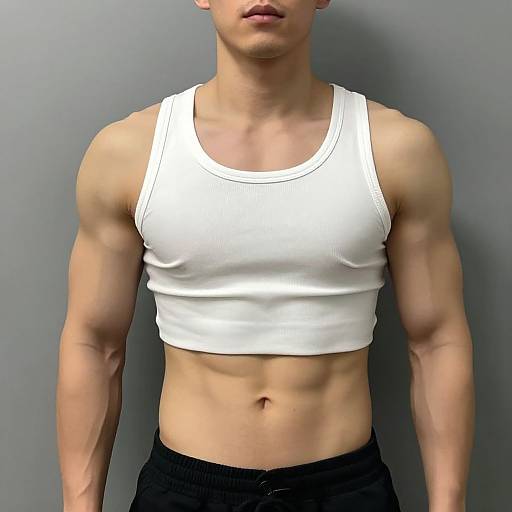 Photograph of a muscular, light-skinned man with a defined six-pack, wearing a white tank top and black pants, against a plain gray background