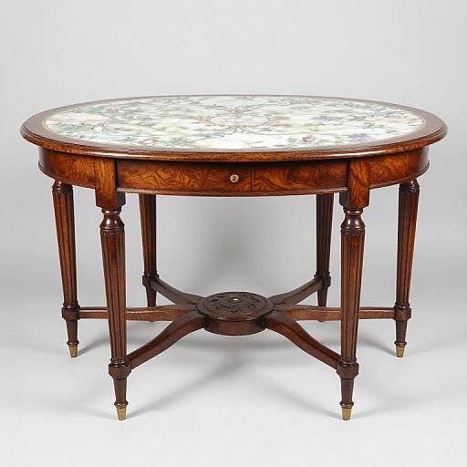 Photograph of a round, wooden table with a rich, dark brown finish, intricate inlay pattern on the top, and four slender legs with gold