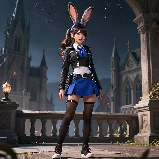 Digital artwork of a cute anime-style girl with bunny ears, wearing a black jacket, blue skirt, black thigh-highs, and white shoes, standing