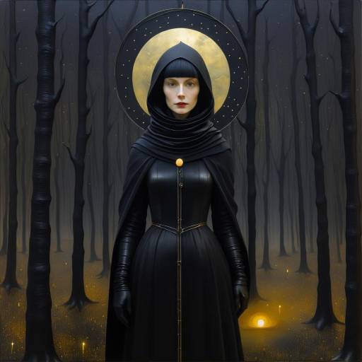 Mystical Woman in Black Cloak in Nighttime Forest