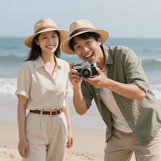 Joyful Beach Moment with Vintage Camera
