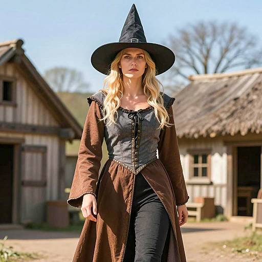 Blonde Woman in Medieval Witch Costume Outdoors