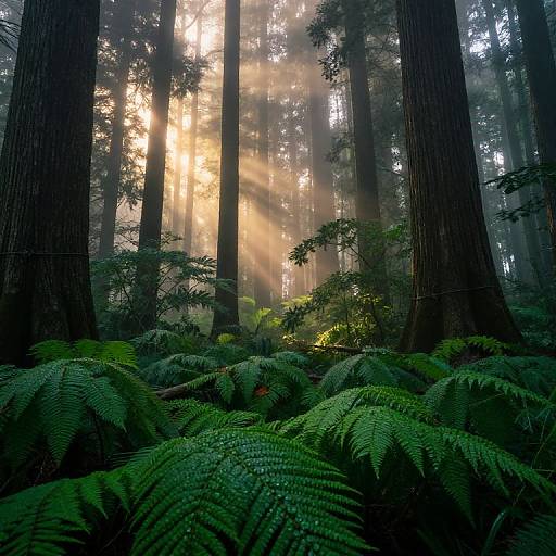 Photograph of a sunlit redwood forest, showcasing tall trees with sunlight beams filtering through, illuminating lush green ferns in the foreground.