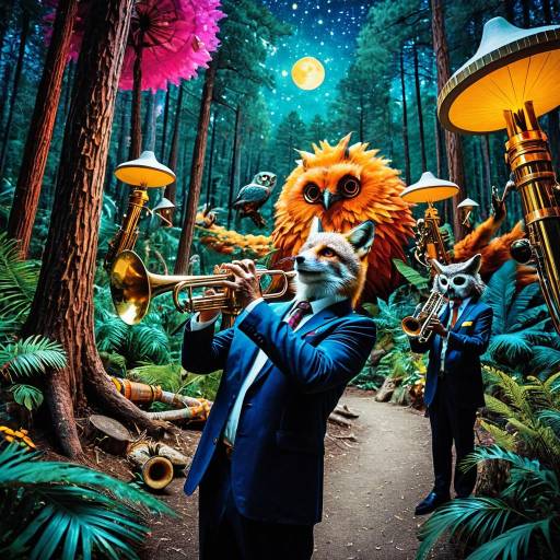 Anthropomorphic Animals Playing Jazz in Enchanted Forest