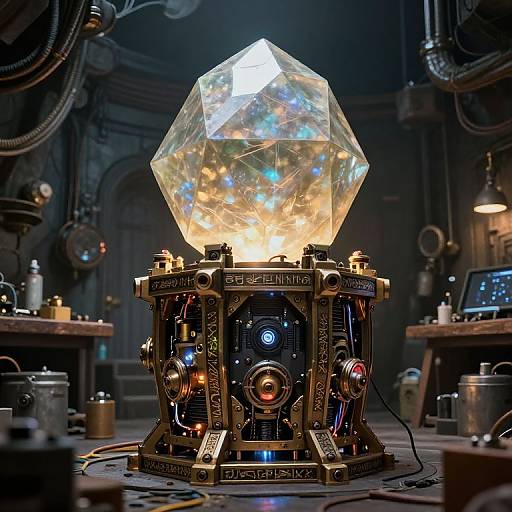 Photorealistic CGI of a glowing, faceted crystal orb on a steampunk-inspired, intricately detailed, metallic base in a dimly lit