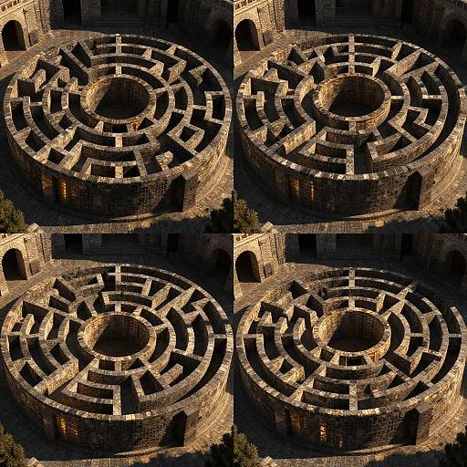 Aerial photograph of four ancient Roman mazes with circular, stone-walled designs, each featuring a central void and arched openings. Sunlight casts