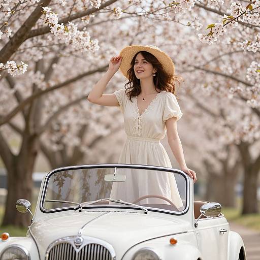 Photograph of a smiling woman in a white dress and straw hat, standing in a white vintage car, surrounded by blooming cherry blossoms.