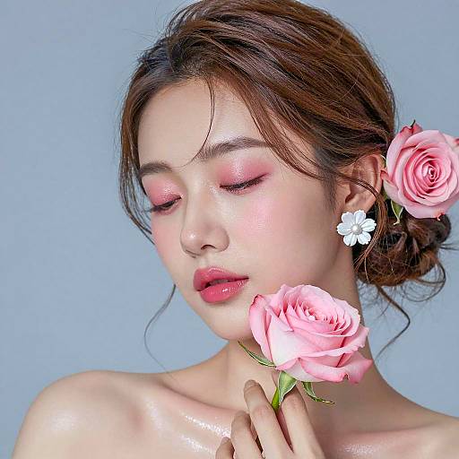 Serene Woman with Pink Roses and Makeup
