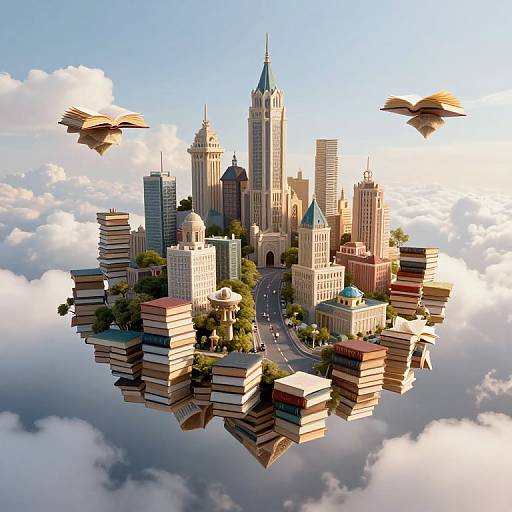 CGI fantasy image of a floating city made of skyscrapers and stacked books, surrounded by clouds, with two flying books.