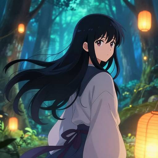 Anime-style digital artwork of a long-haired girl in a white kimono with black ribbon, looking back over her shoulder in a moonlit forest illuminated by