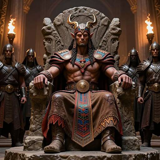 Photorealistic digital art of a muscular, dark-skinned warrior king with horns, sitting on an ornate stone throne, flanked by guards with