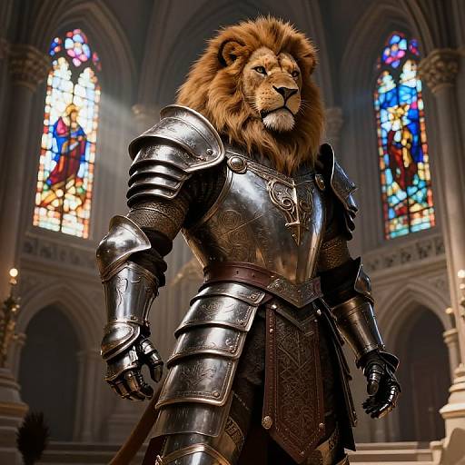 Photorealistic CGI of a majestic lion in ornate medieval armor standing in a grand Gothic cathedral with colorful stained glass windows.