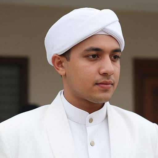 Photograph of a young Middle Eastern man with light brown skin, wearing a white traditional cap and matching white thobe, looking slightly to the side with