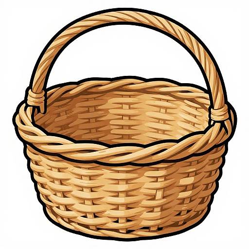 Digital illustration of a woven, round, beige basket with a curved handle, showcasing detailed textures and shadows, set against a plain white background.