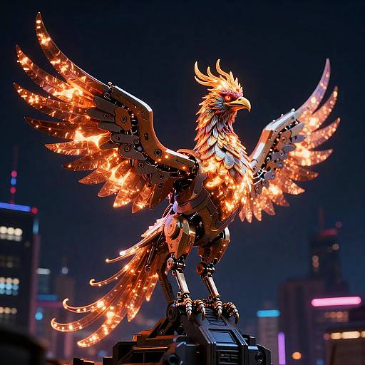 Cyberpunk Mechanical Phoenix at Midnight