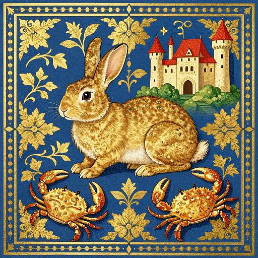 Illustration of a brown rabbit with detailed fur, surrounded by golden crabs, and a red-roofed castle on a blue background, framed with