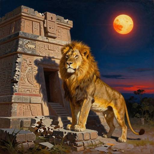 Surreal Lioness Meets Aztec Temple
