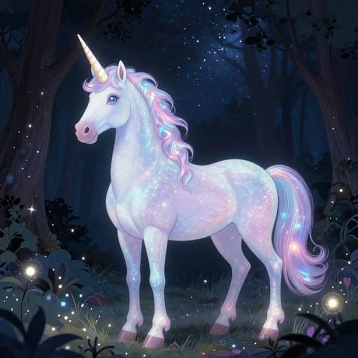 Digital artwork of a glowing, white unicorn with a pink and purple mane, standing in a magical, dark forest illuminated by twinkling lights and sparkles