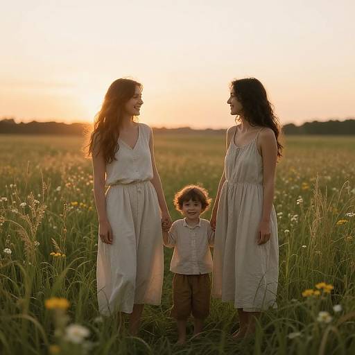 Serene Meadow Sunrise with Humanos