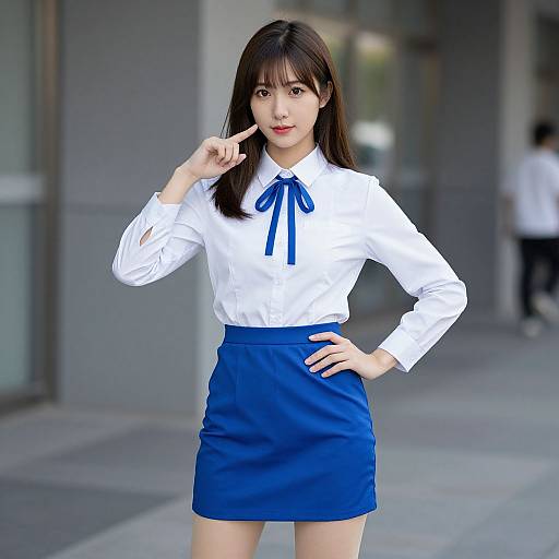 Photograph of an Asian woman with straight black hair, wearing a white blouse with a blue ribbon, and a blue skirt, standing confidently with one hand