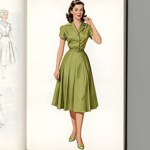 Vintage-style digital illustration of a fair-skinned woman with dark, wavy hair, wearing a green, short-sleeved, knee-length dress and