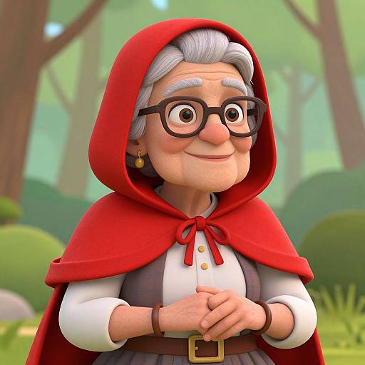Digital cartoon of an elderly woman with gray hair, black glasses, red hooded cloak, white shirt, brown vest, in a forest.