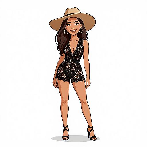 Digital illustration of a smiling woman with long black hair, wearing a wide-brimmed hat, black lace romper, hoop earrings, and black high