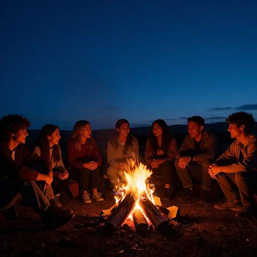 Photograph of six friends sitting around a glowing campfire at twilight, laughing and chatting under a deep blue sky.