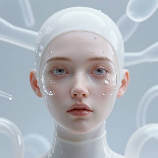 Digital artwork of a pale-skinned, blue-eyed woman with a transparent, bubble-covered head, surrounded by glowing, white, circular light patterns.