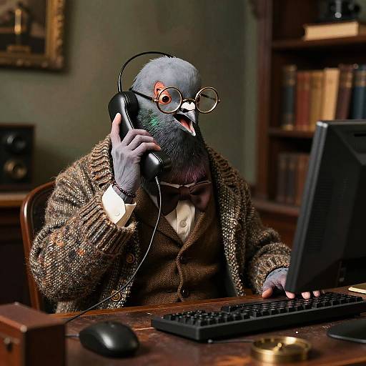 Steampunk Pigeon on Tech Support Call