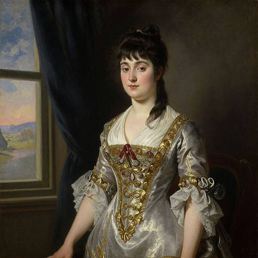 19th-century portrait painting of a fair-skinned woman with dark hair in an elaborate, gold-embroidered, white dress, standing by a
