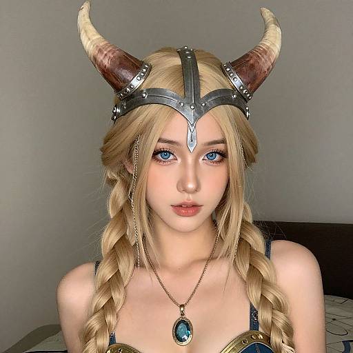 Photograph of a young woman with fair skin, blue eyes, and long blonde hair in braids, wearing a horned Viking helmet, black leather