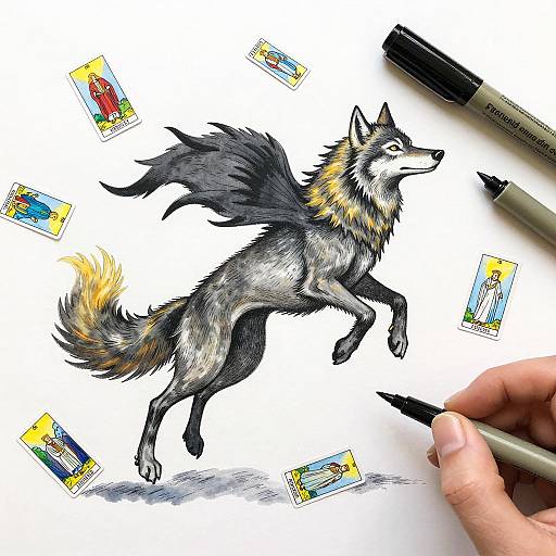 Mystical Wolf Creature with Tarot Cards