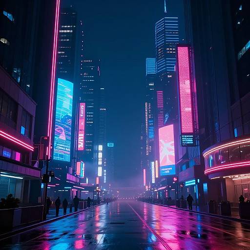 Neon-lit, rain-soaked city street at night, featuring vibrant blue, pink, and purple digital billboards on tall skyscrapers.