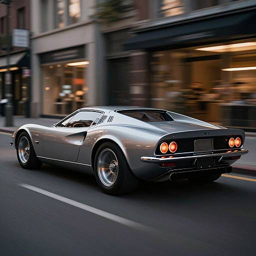 Photograph of a sleek, silver 1960s muscle car with glowing orange taillights, speeding down a city street at night. Blurred