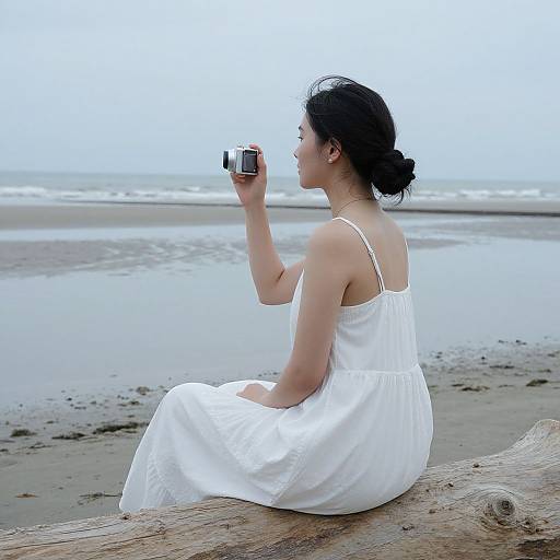 Asian woman in white sundress, black hair in bun, sitting on driftwood, holding camera, photographing beach landscape, overcast sky.