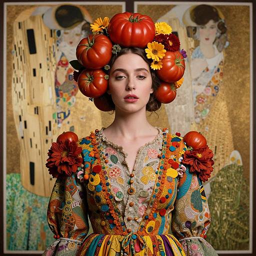 Woman Wearing Tomato and Flower Headpiece in Vibrant Outfit