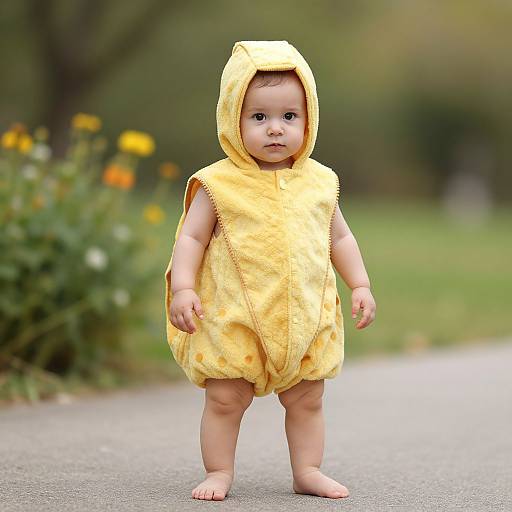 Photograph of a baby standing on a paved path, wearing a yellow, hooded, plush baby outfit, with a blurred green and yellow flower background