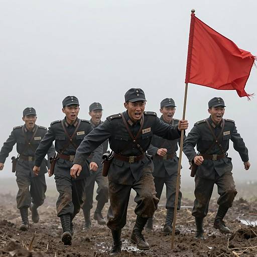 Intense Military Charge in Foggy Terrain