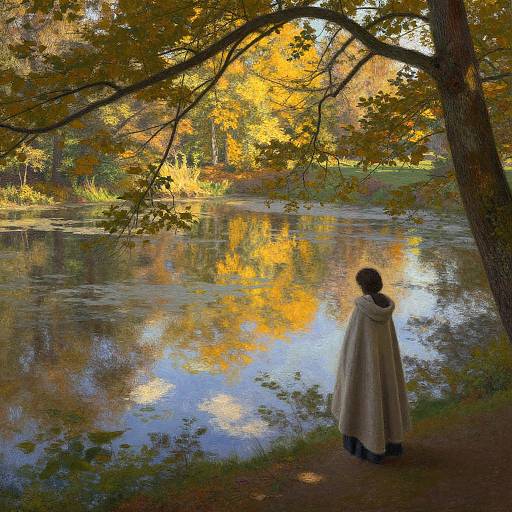 Photograph of a person in a white cloak standing by a serene lake, surrounded by autumn leaves and reflected sunlight.