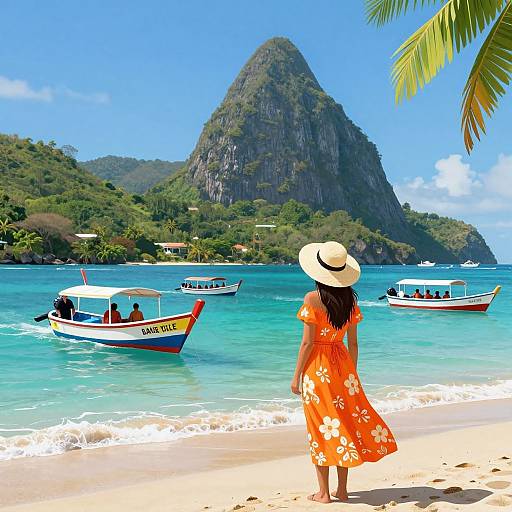 Photograph of a woman in an orange floral dress and white hat, standing on a tropical beach, gazing at colorful boats and a towering green mountain